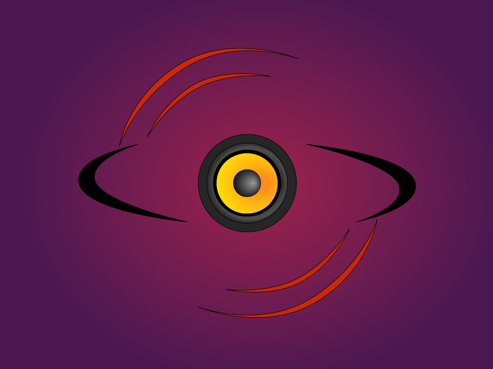 REGARTS logo. An eye is formed by a 3D ring around a speaker membrane. Two red wave ripples are originating from the speaker and going north-west and south-east (2 partial circles in each direction). The background is a radial gradient of purple and